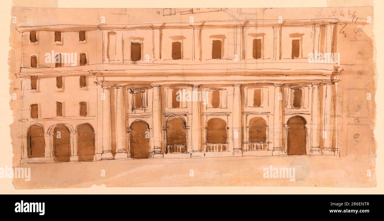 Abgebildet ist die linke Seite. Der mittlere Teil projiziert. Es zeigt drei Stockwerke. Die beiden unteren sind von Spalten einer Dorischen Ordnung und einer Eintracht eingerahmt. An den Ecken befinden sich Spaltenpaare. Die drei zentralen Buchten des Erdgeschosses werden von den Bögen einer Kolonnade mit einer Baustraße darunter begrenzt. Die seitlichen Schächte haben Türöffnungen. Fenster in länglichen Panels befinden sich im zweiten Stock. Im dritten Stock befinden sich Fenster in Wandpaneelen, die von Säulen oder Pfosten umgeben sind. Die seitliche Seite links zeigt fünf Stockwerke. Im Erdgeschoss befindet sich eine Kolonnade von drei Buchten vor dem Hotel. Die oberen Stockwerke haben Th Stockfoto