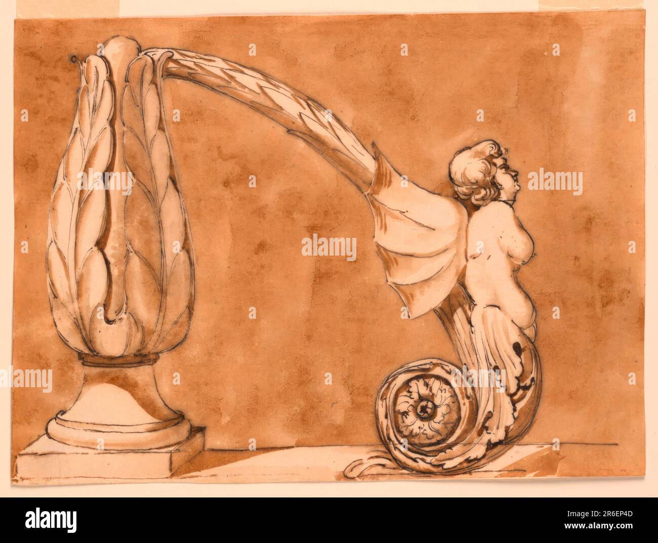 Von einem Kelch ähnlich dem von -1948 zieht sich eine Girlande nach unten zu den Schriftrollen einer halben Figur mit Fledermausflügeln, die im Profil dargestellt ist. Farbiger Hintergrund. Datum: Ca. 1780. Stift und braune Tinte, Bürste und braune Wäsche auf weißem, liegendem Papier, gefüttert. Museum: Cooper Hewitt, Smithsonian Design Museum. Stockfoto