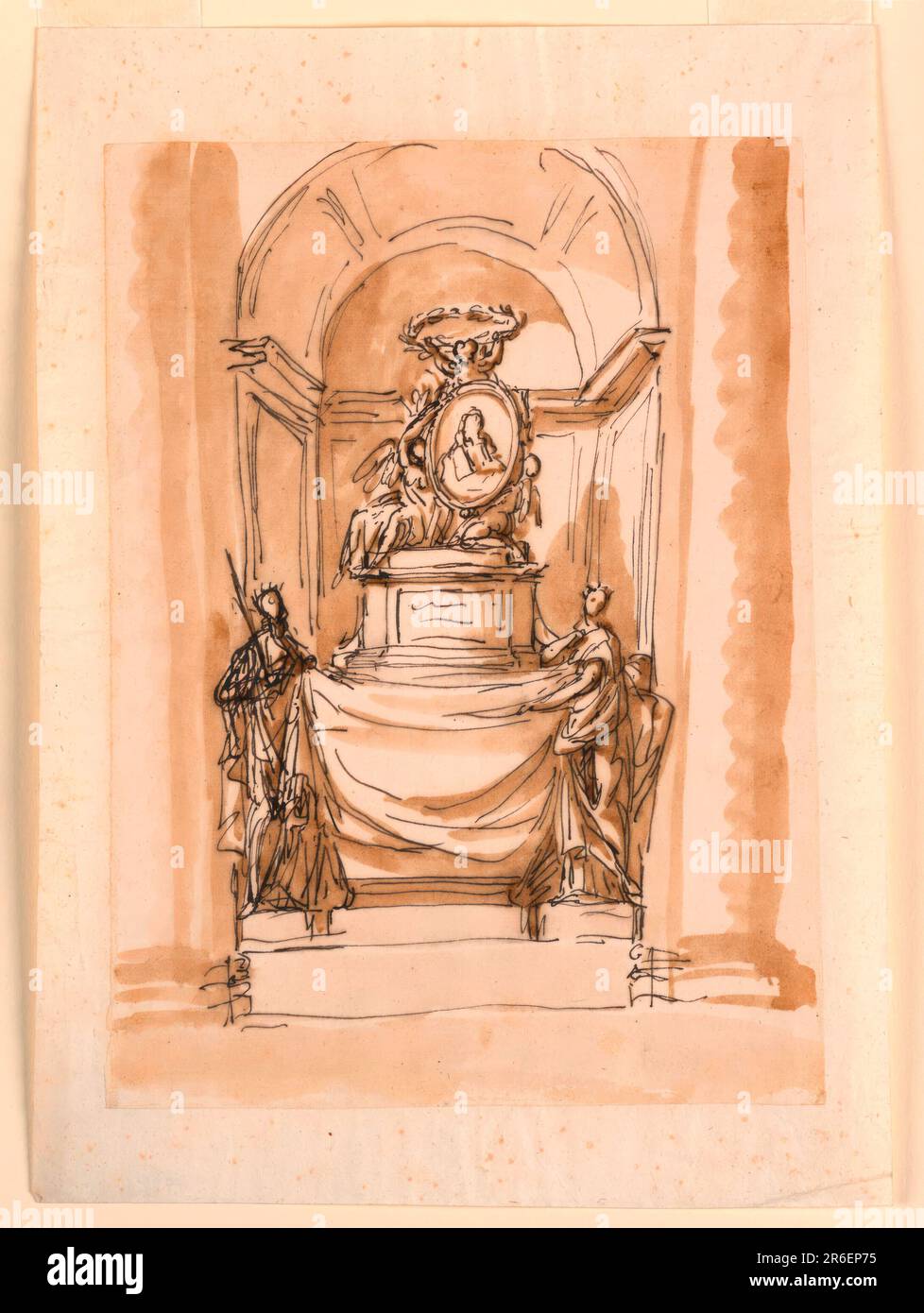 Die architektonische Umgebung ist eine Nische mit einem rechteckigen Grundriss und einem Bogen über einer Einmündung. Die Rahmenteile der Säulen werden gezeichnet. Der Straßenbelag der Nische befindet sich in der Höhe der oberen Ränder der Säulen. Darauf stehen der Sarkophag und zwei gekrönte Frauen (Jusice oder Royalty), die linke mit dem Schwert, und stützen ein Tuch, das vor dem Sarkophag hängt. Oben befindet sich ein Podest, auf dem ein weiblicher Putto mit Flügeln (Victory) links sitzt und ein Putto rechts niederknien und das ovale Medaillon mit dem Brustporträt zusammenhalten Stockfoto