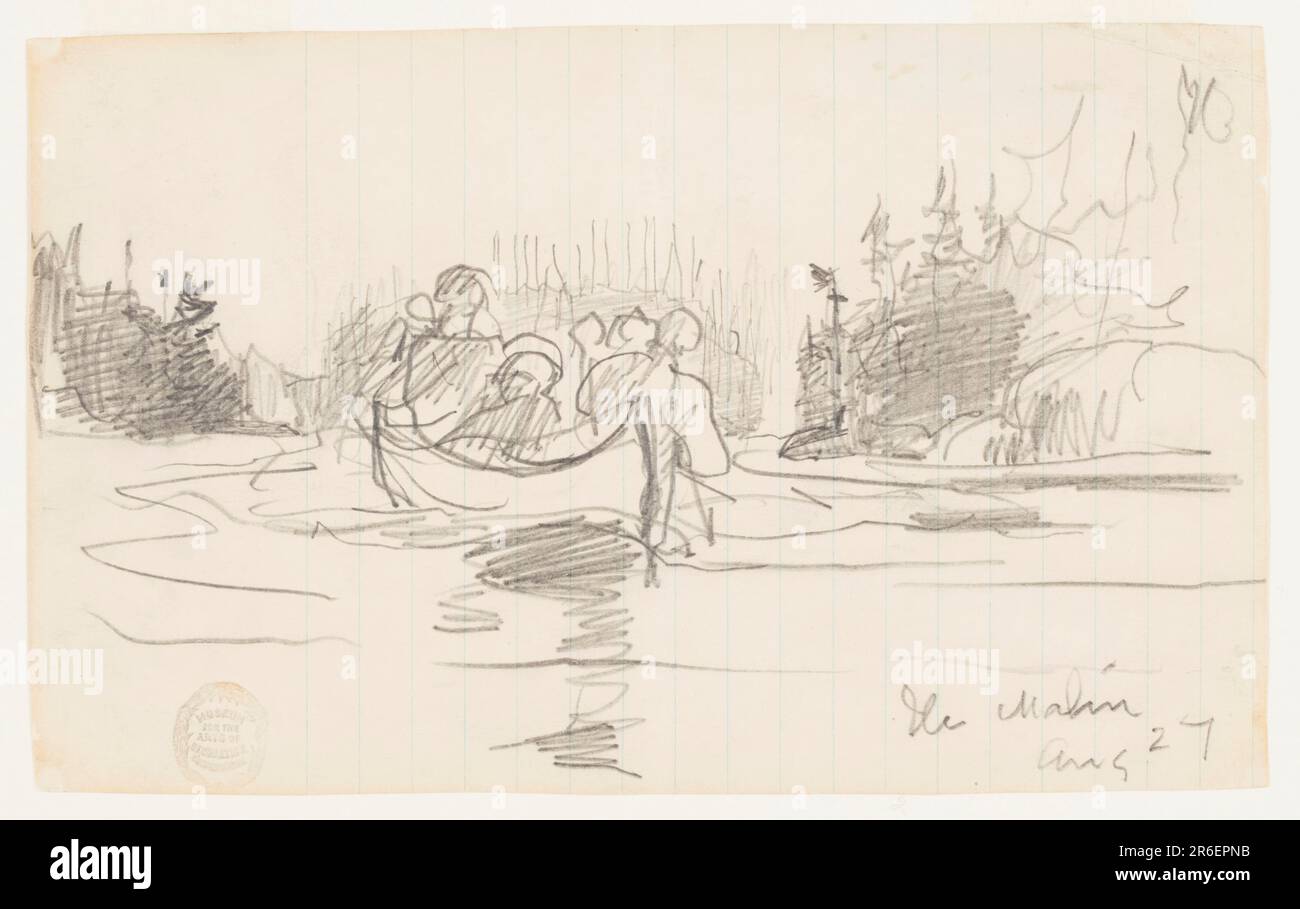 Skizze eines Kanus mit drei männlichen Figuren. Graphit auf Papier. Datum: 27. August 1897. Museum: Cooper Hewitt, Smithsonian Design Museum. Stockfoto Skizze eines Kanus mit drei männlichen Figuren. Graphit auf Papier. Datum: 27. August 1897. Museum: Cooper Hewitt, Smithsonian Design Museum. Stockfoto