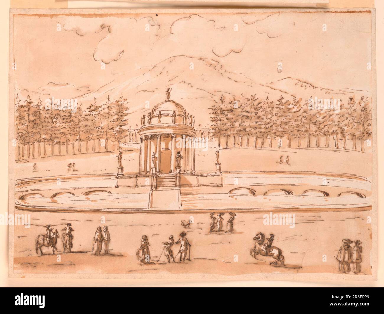 Der Pavillon steht in der Mitte des großen Beckens. Es besteht aus einer kreisförmigen Struktur mit einer äußeren Kolonnade und einer Innenwand. Auf der Einmündung und vor dem Tambour befinden sich Statuen. Ein anderer ist oben auf der Kuppel. Vorstehende Treppen führen zu den Kolonnaden, wobei die Figuren auf den Sockeln vor den Balustraden stehen. Brücken führen zu den ersten Luftkoffern, die linke mit drei Bögen, die rechte vier. Die äußersten Enden des Beckens sind nicht sichtbar. Vor und hinter dem Becken befinden sich freie Plätze. Vor uns stehen verschiedene Gruppen von Männern, drei Reiter und ein Hund. Mehr Leute Stockfoto