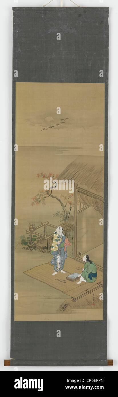 Zwei Bauernmädchen schlugen vor einem Haus Stoff. Datum: 18. Jahrhundert. Ursprung: Japan. Punkt: Edo Punkt. Farbe und Tinte auf Seide. Museum: Freer Gallery of Art und Arthur M. Sackler Gallery. Stockfoto