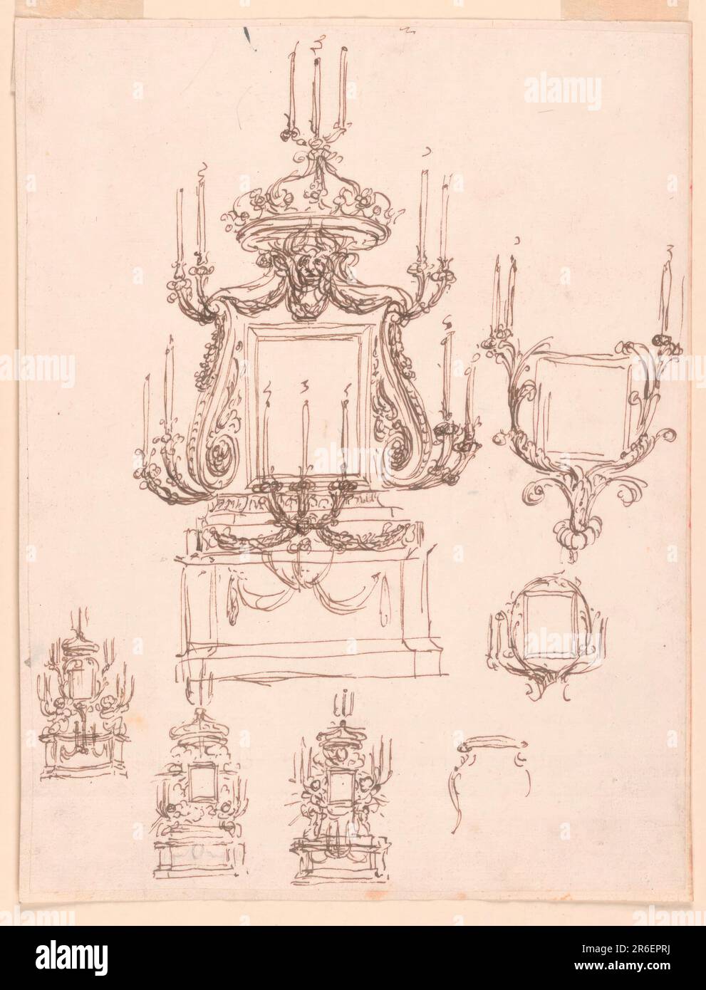 Es werden vier ganze Höhen angezeigt, drei davon mit Engelpaaren. Alle sorgen für einen mensa-ähnlichen Daddy und für eine Krone mit Kerzen oben drauf. Drei Entwürfe beziehen sich auf die Einrahmung des Gemäldes durch Kerzenhalterungen; eines davon hat kaum begonnen. Stift und braune Tinte, Pinsel und braune Wäsche, Graphit, rote Tinte auf liniertem, cremefarbenem, liegendem Papier. Datum: 1815-1838. Museum: Cooper Hewitt, Smithsonian Design Museum. Stockfoto