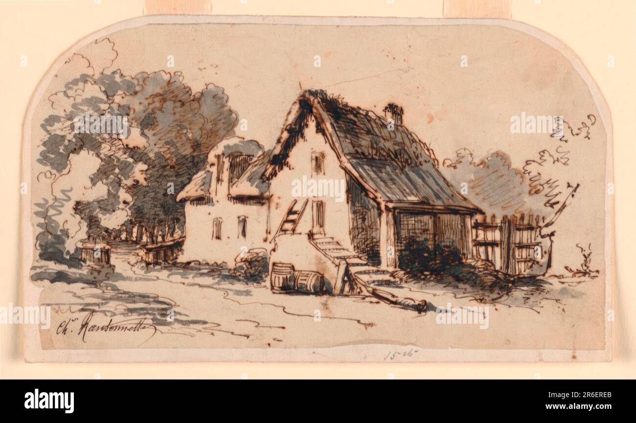 Befindet sich in der Nähe einer Straße, besteht aus zwei Teilen im Schema eines rechten Winkels. Eine Rampe führt zur Tür an der Vorderseite; Gegenstände werden auf der Veranda aufbewahrt. Bäume sind im Hintergrund. Datum: 1825-1840. Stift und Tinte, Bürste und graues und braunes Waschen auf Papiertaschenpapier. Museum: Cooper Hewitt, Smithsonian Design Museum. Stockfoto