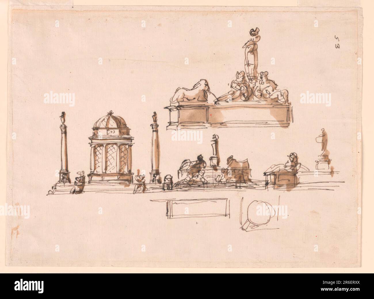 Kommode, Tischmitte für die Altieri-Familie. Datum: 1790-1795. Stift und braune Tinte, Bürste und braune Wäsche auf ausgekleidetem, weißem, liegendem Papier. Museum: Cooper Hewitt, Smithsonian Design Museum. Stockfoto