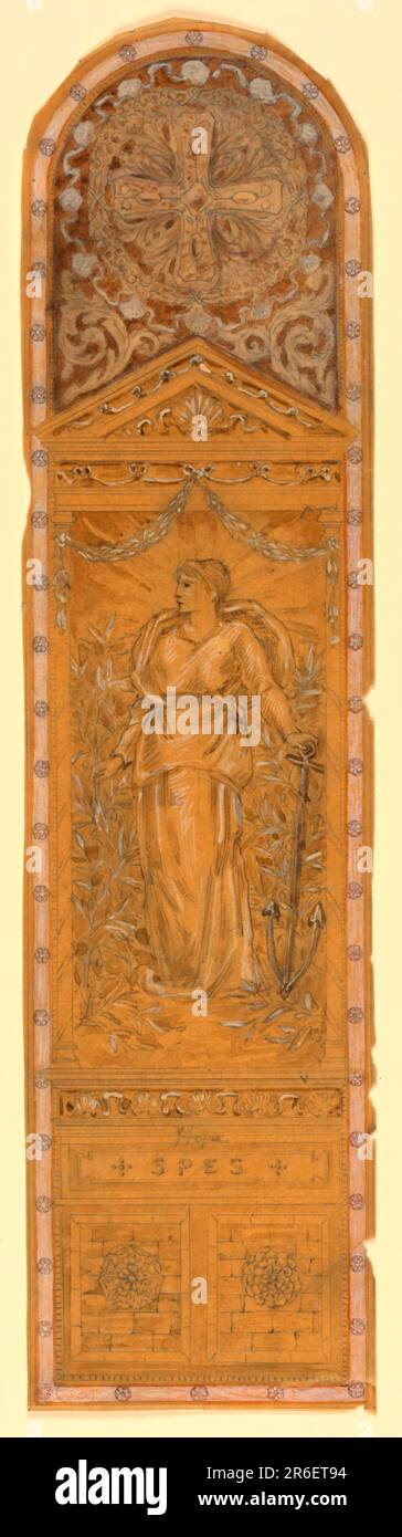 Hohe, vertikale Komposition mit oberem Bogen. Mitte, stehende Figur, Kopf im linken Profil. Anker in der linken Hand. Laub links und rechts. In einer großen Rosette kreuzen, oben. Spes auf der Basis, über zwei Tafeln mit Blumen. Datum: Ca. 1890. Pinsel und Aquarell, weißer Gouache, Graphit auf Malpapier. Museum: Cooper Hewitt, Smithsonian Design Museum. Stockfoto