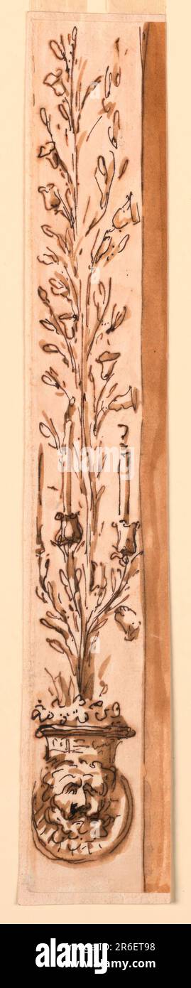 Eine Maske vor einer kreisförmigen Hülle stützt mit dem Kopf einen Blumenkorb. Aus ihm erhebt sich ein Stamm mit vielen seitlichen Ästen, mit Blättern und glockenartigen Blüten. Im Folgenden sind drei größere Äste aufgeführt, deren Blüten als Kerzensockel dienen. Datum: 1780-1800. Stift und braune Tinte, Bürste und braune Wäsche auf weißem, liegendem Papier, gefüttert. Museum: Cooper Hewitt, Smithsonian Design Museum. Stockfoto