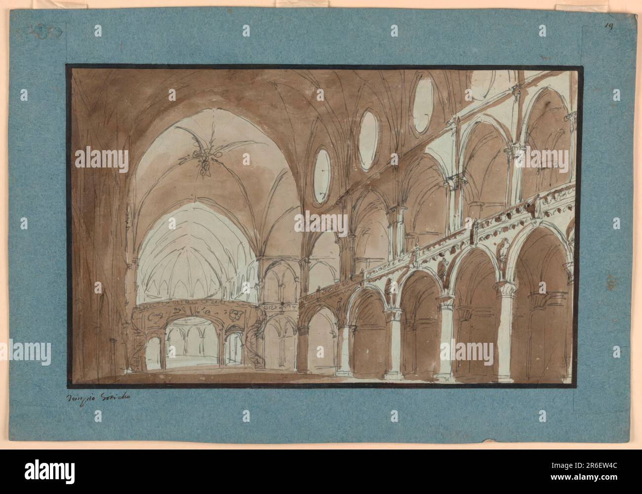 Das Innere des Schiffes der gotischen Kirche öffnet sich in Richtung Apsen auf der rechten Seite in Richtung Chor auf der Rückseite. Datum: Anfang des 19. Jahrhunderts. Stift und braune Tinte, Bürste und braune Wäsche auf belichtetem, blau-weißem Papier. Museum: Cooper Hewitt, Smithsonian Design Museum. Stockfoto