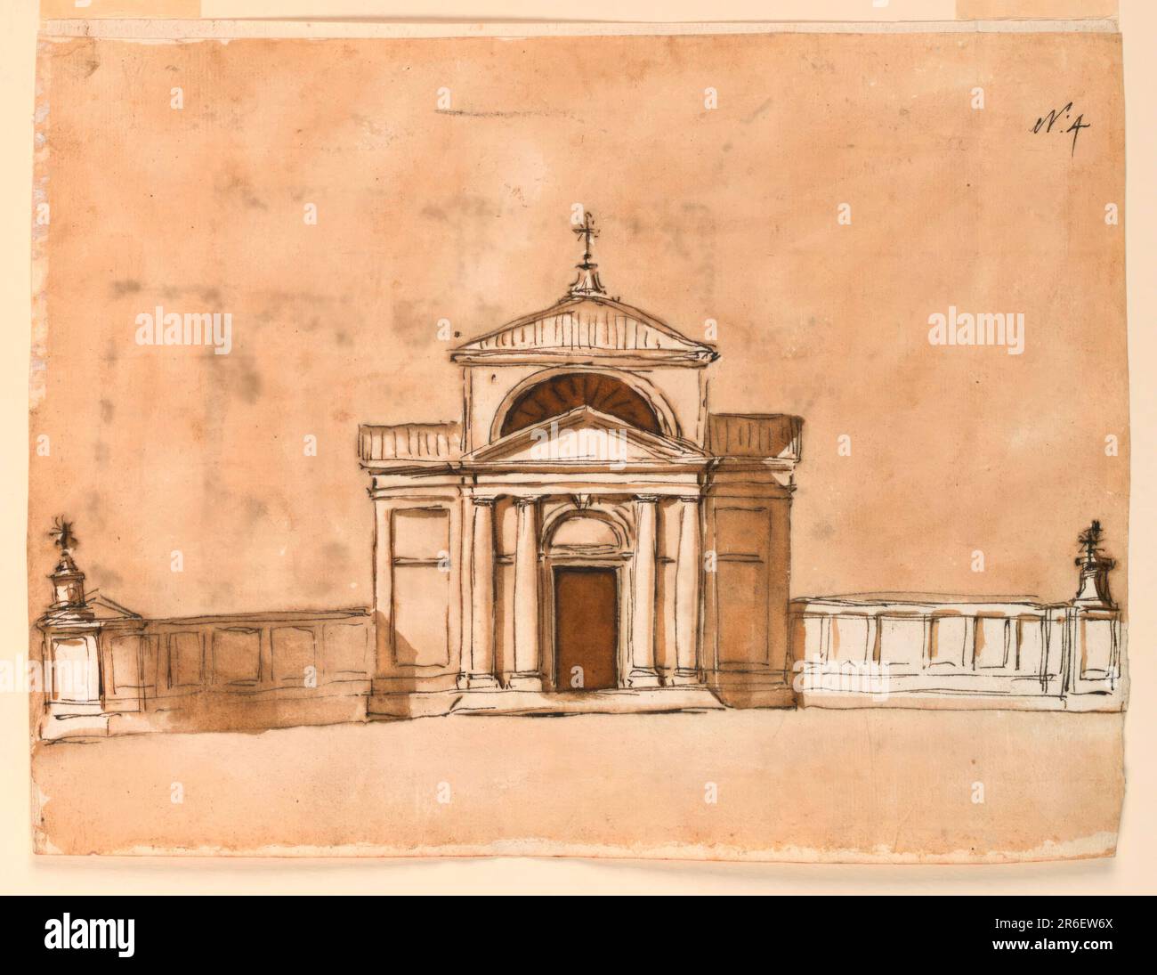 Kreuzschema mit höherem Transcept. Vier eingebettete Säulen unterstützen Enablaturen und die dreieckige Pedimentierung. Seitlich Brüstungen. Bruchstücke eines verschlissenen Plans einer Kirche. Datum: 1784. Stift und braune Tinte, Bürste und braune Wäsche, rote Tinte auf liniertem, weißem, liegendem Papier. Museum: Cooper Hewitt, Smithsonian Design Museum. Stockfoto