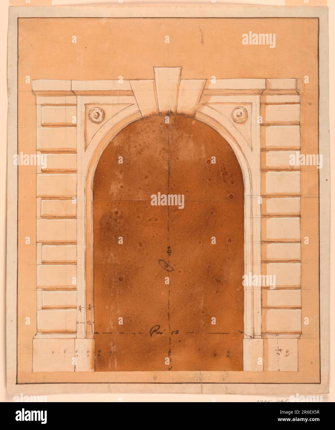 Eine Platte mit geformtem Bogen ragt leicht aus rustikalen Pfeilerleisten hervor, für die zwei alternative (?) Die Designs werden gezeigt. Drei Schlüsselelemente. Angezeigte Messwerte. Farbiger Hintergrund, umrahmt von einer Tintenlinie. Papierränder. Datum: Ca. 1785. Stift und braune Tinte, Bürste und braune Wäsche, Graphit auf blau-weißem Papier, gefüttert. Museum: Cooper Hewitt, Smithsonian Design Museum. Stockfoto