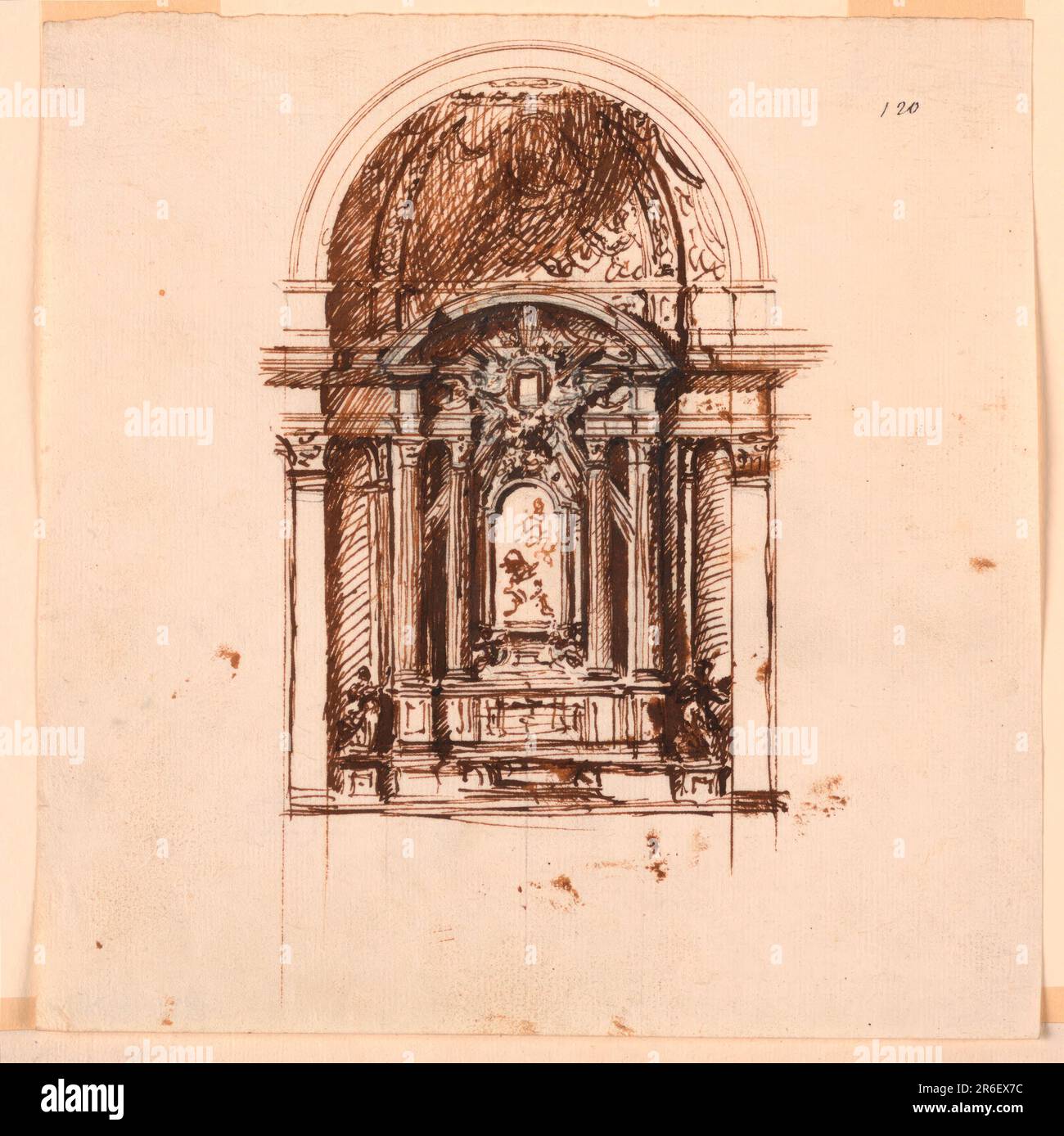 Die Einmündung des Altars ist auf derselben Höhe wie die der Kapelle; ein Teil der Stützen ist für beide gleich. Ein Rahmen eines umgekehrten Bildes wird von Engeln vor der Entablatur unter dem kreisförmigen Pediment gestützt. Statuen weiblicher Figuren stehen seitlich neben dem mensa. Datum: 1775-1800. Stift und braune Tinte, Bürste und braune Wäsche, Graphit auf weißem, liegendem Papier. Museum: Cooper Hewitt, Smithsonian Design Museum. Stockfoto