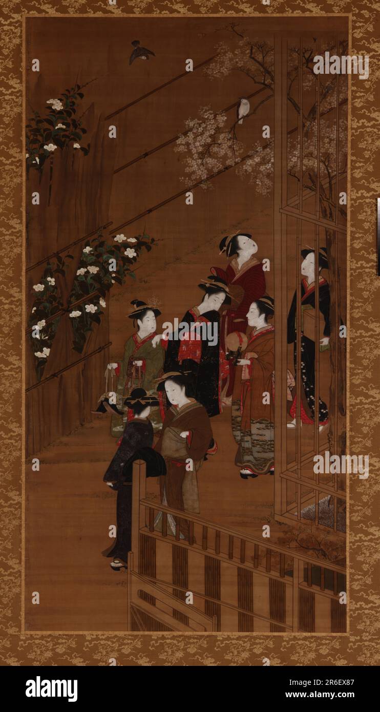 Sieben Frauen, die in der Nähe eines Fußballplatzes laufen. Ursprung: Japan. Punkt: Edo Punkt. Farbe und Gold auf dem Seideneinsatz. Datum: 1726-1792. Museum: Freer Gallery of Art und Arthur M. Sackler Gallery. Stockfoto