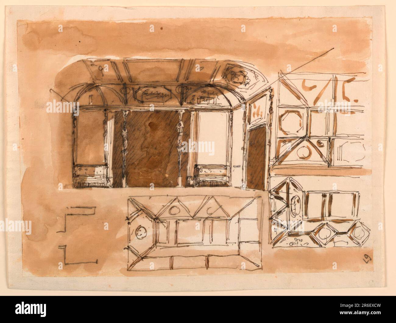 Oben links: Bereich mit dem hinteren Teil des Raums. Eine Tür ist an der rechten Wand. Sofas stehen an den Wandpaneelen neben der Nische. Seine Vorderseite ist durch Stützen in eine breite mittlere und zwei schmale seitliche Öffnungen unterteilt; die Vorhänge hängen in den letzteren ein. Drei Skizzen befassen sich mit dem Dekorationsschema der Decke. Eine weitere Skizze ist unfertig gestellt. Stift und braune Tinte, Bürste und braune Wäsche auf Papier. Datum: 1746-1809. Museum: Cooper Hewitt, Smithsonian Design Museum. Stockfoto