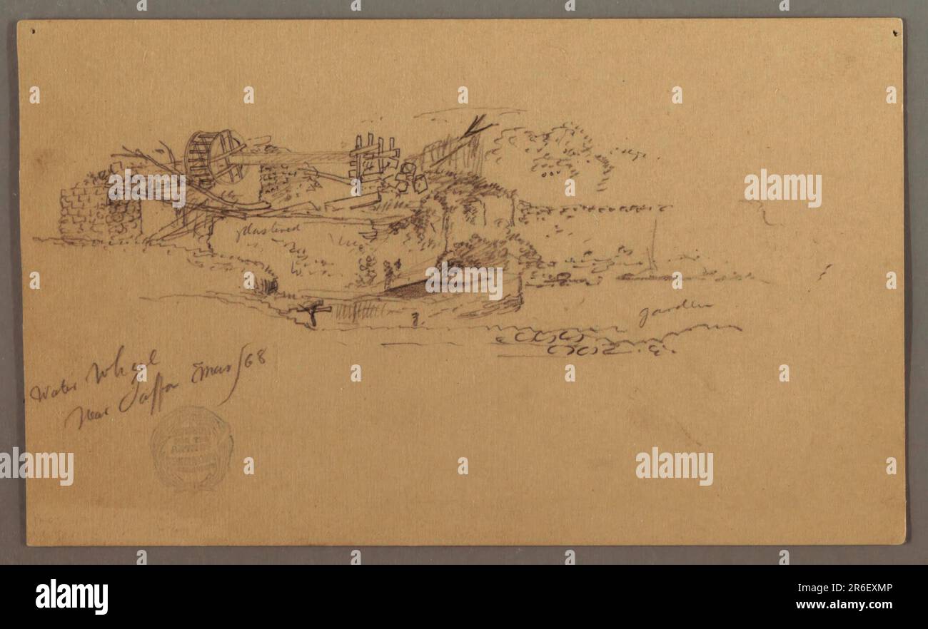 Horizontale Ansicht eines Holzwasserrads mit von Wänden abgestützter Achse und einem kleinen Becken unten an der rechten Wand. Graphit auf grauem Papier. Datum: März 1868. Museum: Cooper Hewitt, Smithsonian Design Museum. Stockfoto
