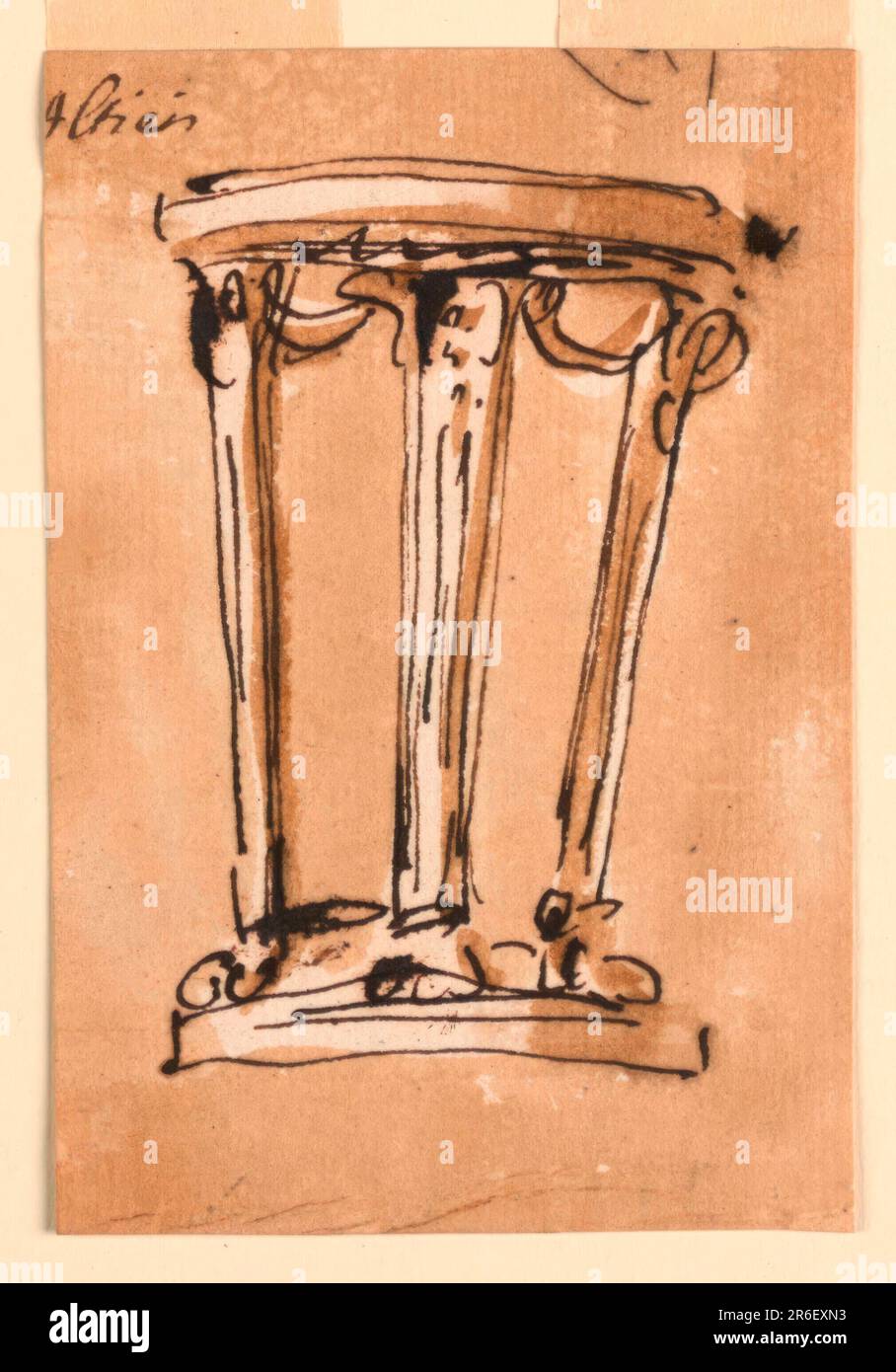 Tisch. Stift und braune Tinte, Bürste und braune Wäsche auf weißem, liegendem Papier. Datum: 1746-1809. Museum: Cooper Hewitt, Smithsonian Design Museum. Stockfoto