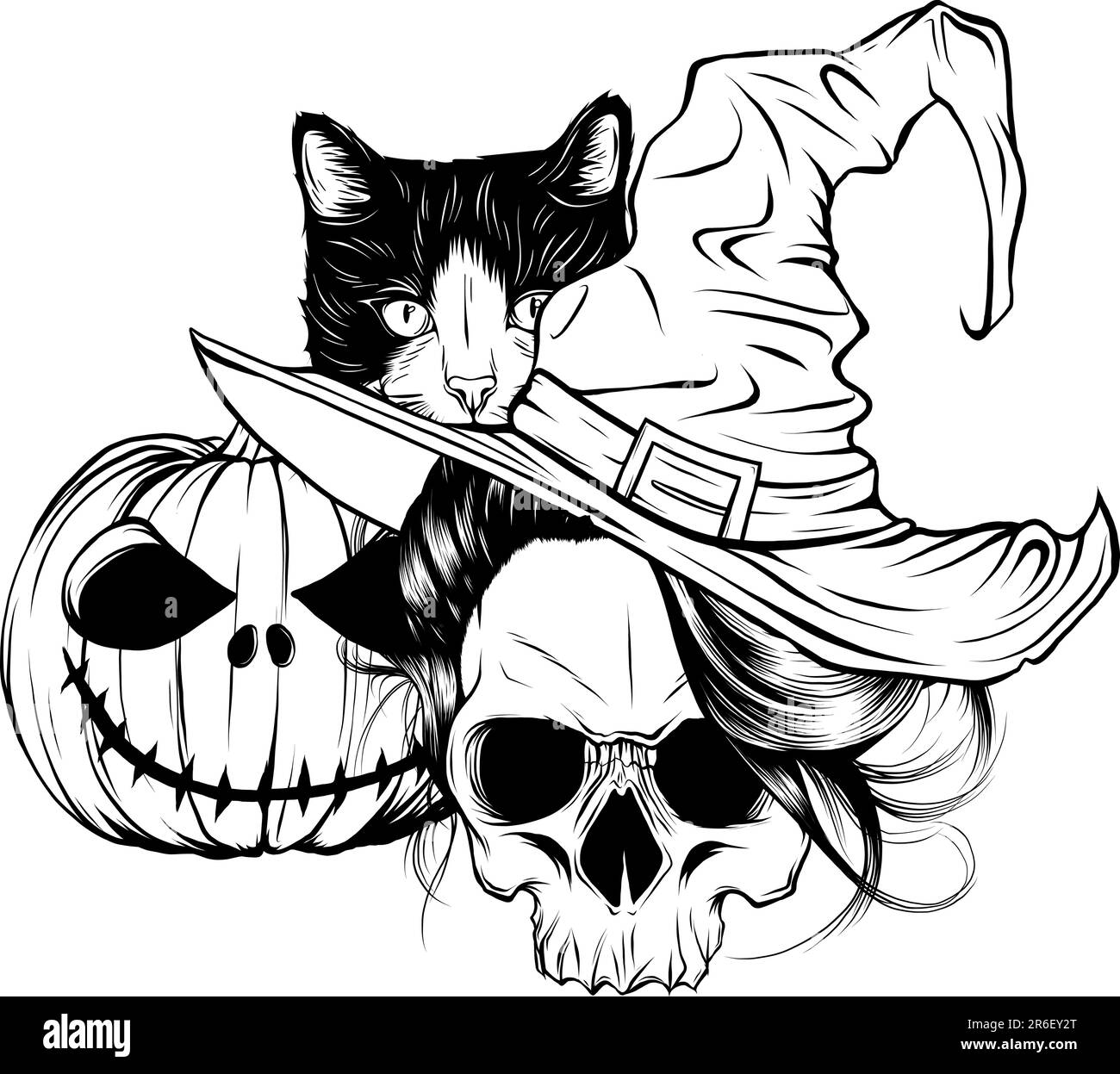 Einfarbige Katzen mit Kürbissen. Süße Halloween-Komposition, isoliert auf Weiß. Stock Vektor