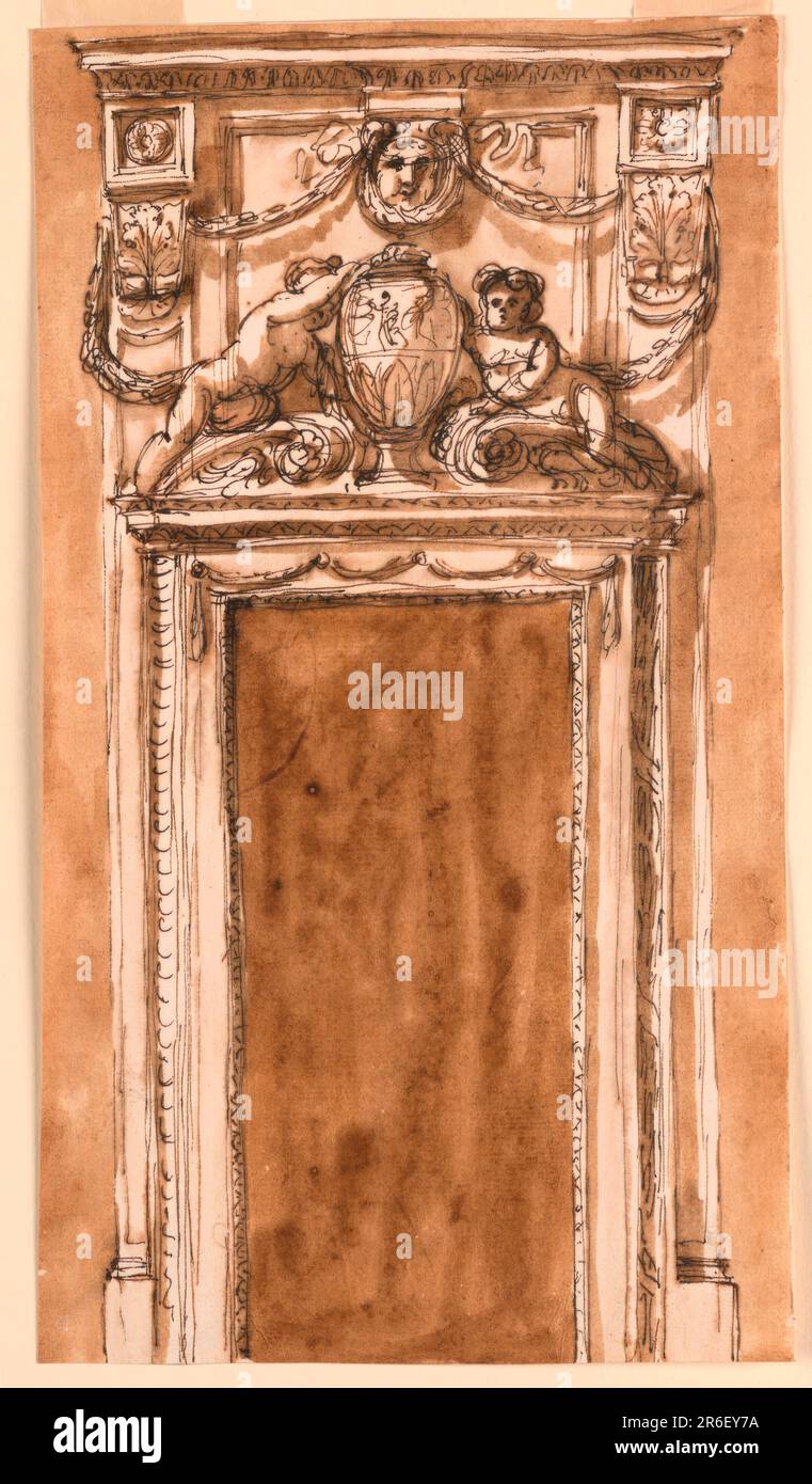 Der Türrahmen besteht aus Zierleisten mit einer Einmündung und einem gebrochenen Pedal mit einer zentralen Vase. Zwei Kinder, das linke kniet, das rechte auf den Eimern, liegend. Außen befinden sich Säulen, die die Verflechtung der Außentür unterstützen, darunter in der Mitte ein weiblicher Kopf als Konsole, von der aus Soffittenfresser durch Konsolen unter den Hauptstädten der Säulen springen und in Richtung der Figuren der beiden Kinder weitergehen. Die Wand ist farbig. Datum: Ca. 1780. Stift und braune Tinte, Bürste und braune Wäsche auf weißem, liegendem Papier, gefüttert. Museum: Cooper Hewitt, Smithsonian Design Mus Stockfoto