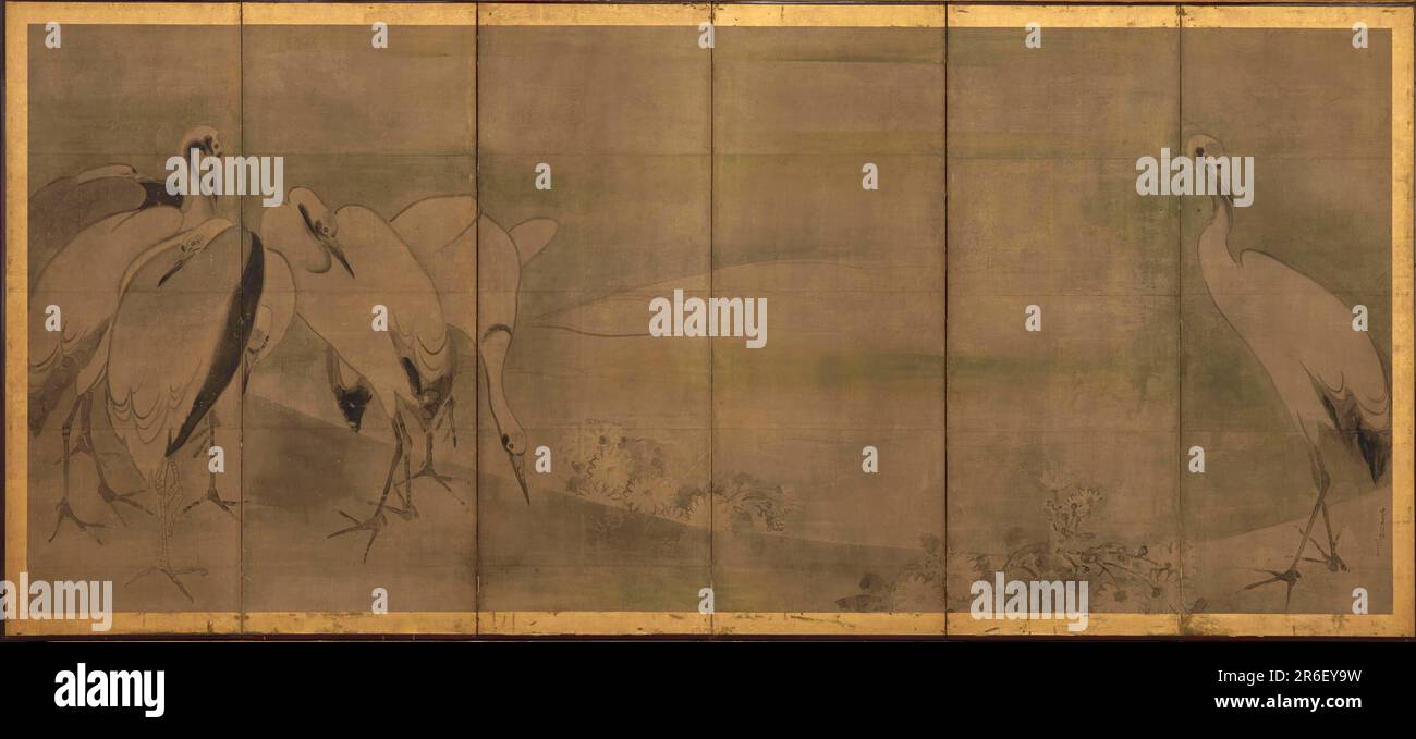 Kräne und Chrysanthemen. Ursprung: Japan. Zeitraum: Momoyama oder Edo-Zeitraum. Tinte und Grün auf Papier. Datum: 1568-1868. Museum: Freer Gallery of Art und Arthur M. Sackler Gallery. Stockfoto