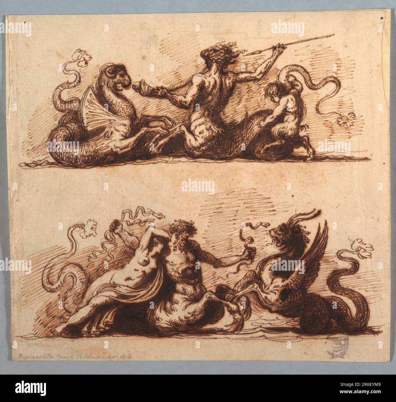 Der Zwilling Ichthyocentaurs Bythos und Aphros aus der griechischen Mythologie. Datum: Ca. 1800. Stift und braune Tinte, Bürste und Sepia waschen auf cremefarbenem Papier, auf einem zweiten Untergrund. Museum: Cooper Hewitt, Smithsonian Design Museum. Stockfoto