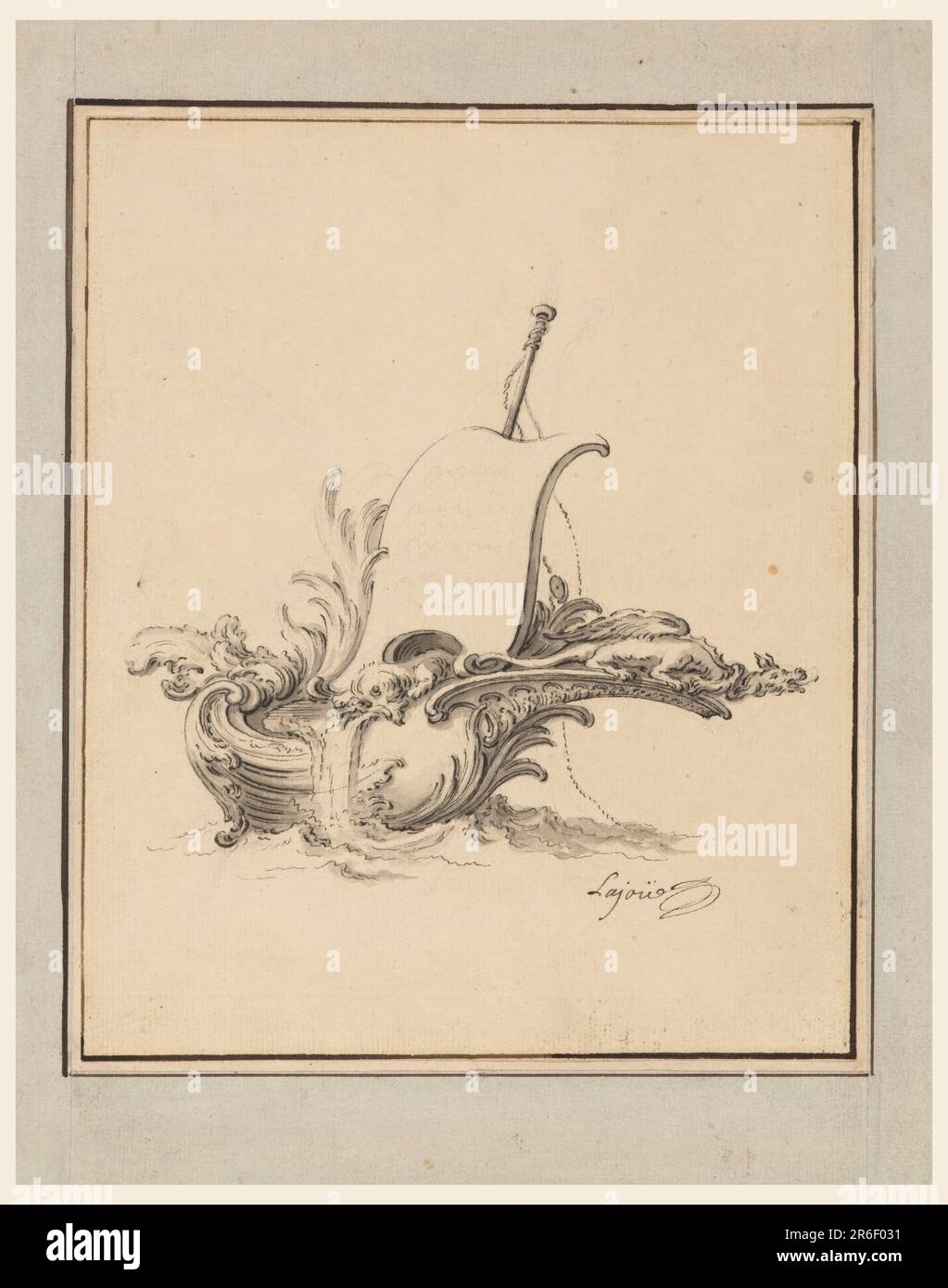 Ein Drache und ein weiteres fantastisches Tier sind auf dem Boot. Die Schrift ist in der Aufschrift angegeben. Datum: 1734. Stift und Pinsel und schwarze Tinte, waschen, Graphit auf cremefarbenem Papier. Museum: Cooper Hewitt, Smithsonian Design Museum. Stockfoto