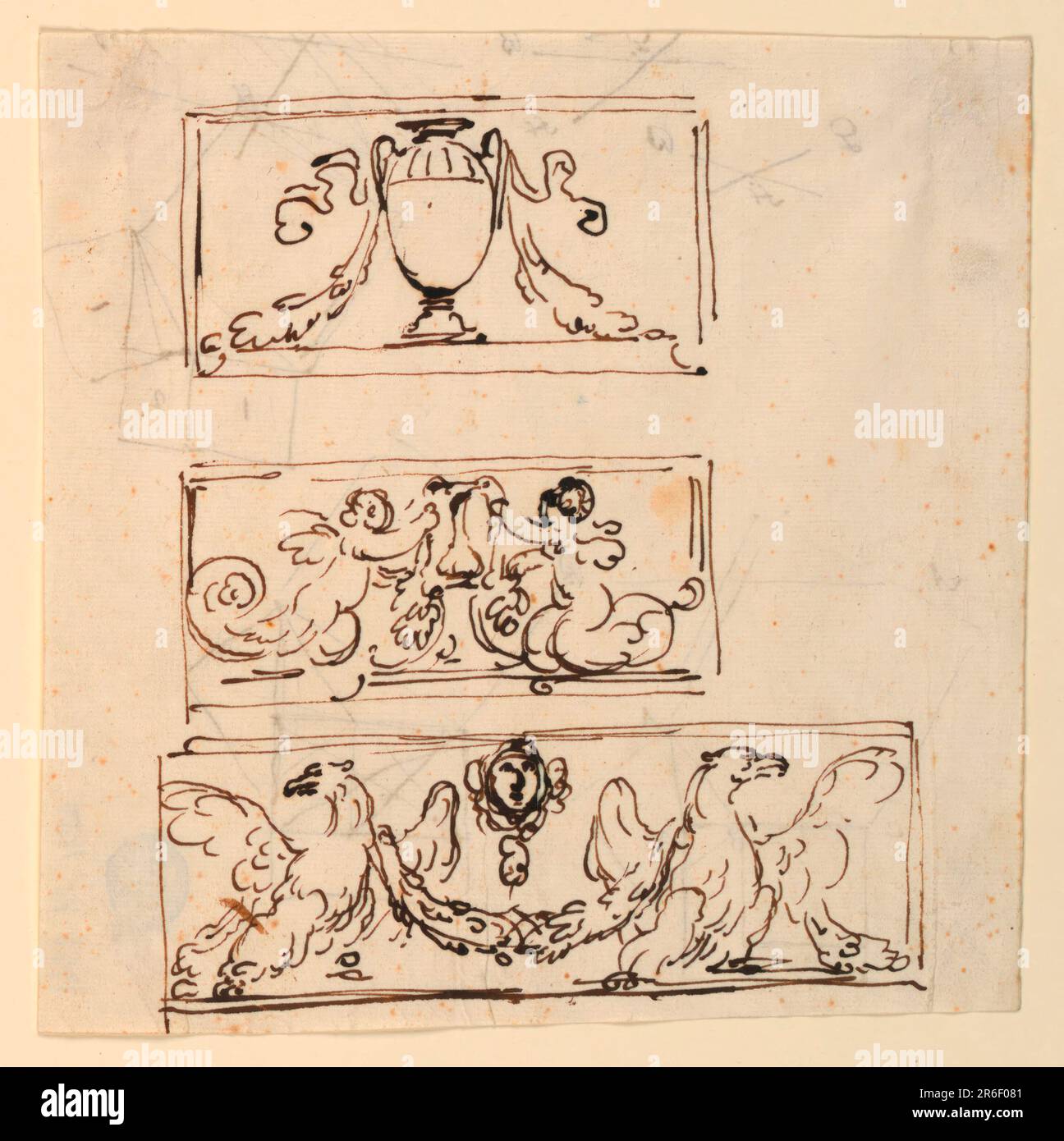 Dekoration von drei Friesen. Stift und braune Tinte auf cremefarbenem Papier. Datum: 1746-1809. Museum: Cooper Hewitt, Smithsonian Design Museum. Stockfoto