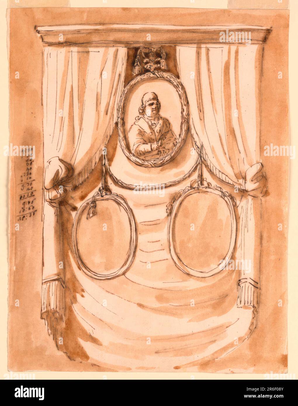 Drei eiförmige Porträts sollen vor einem Vorhang hängen. Papst Pius wird oben gezeigt. Unten sehen Sie ein Soffittenbündel mit zwei Rahmen, die an den Enden hängen. Farbiger Hintergrund. Ein Konto wird auf der linken Seite geschrieben. Stift und braune Tinte, Bürste und braune Wäsche auf weißem, liegendem Papier. Datum: 1793. Museum: Cooper Hewitt, Smithsonian Design Museum. Stockfoto