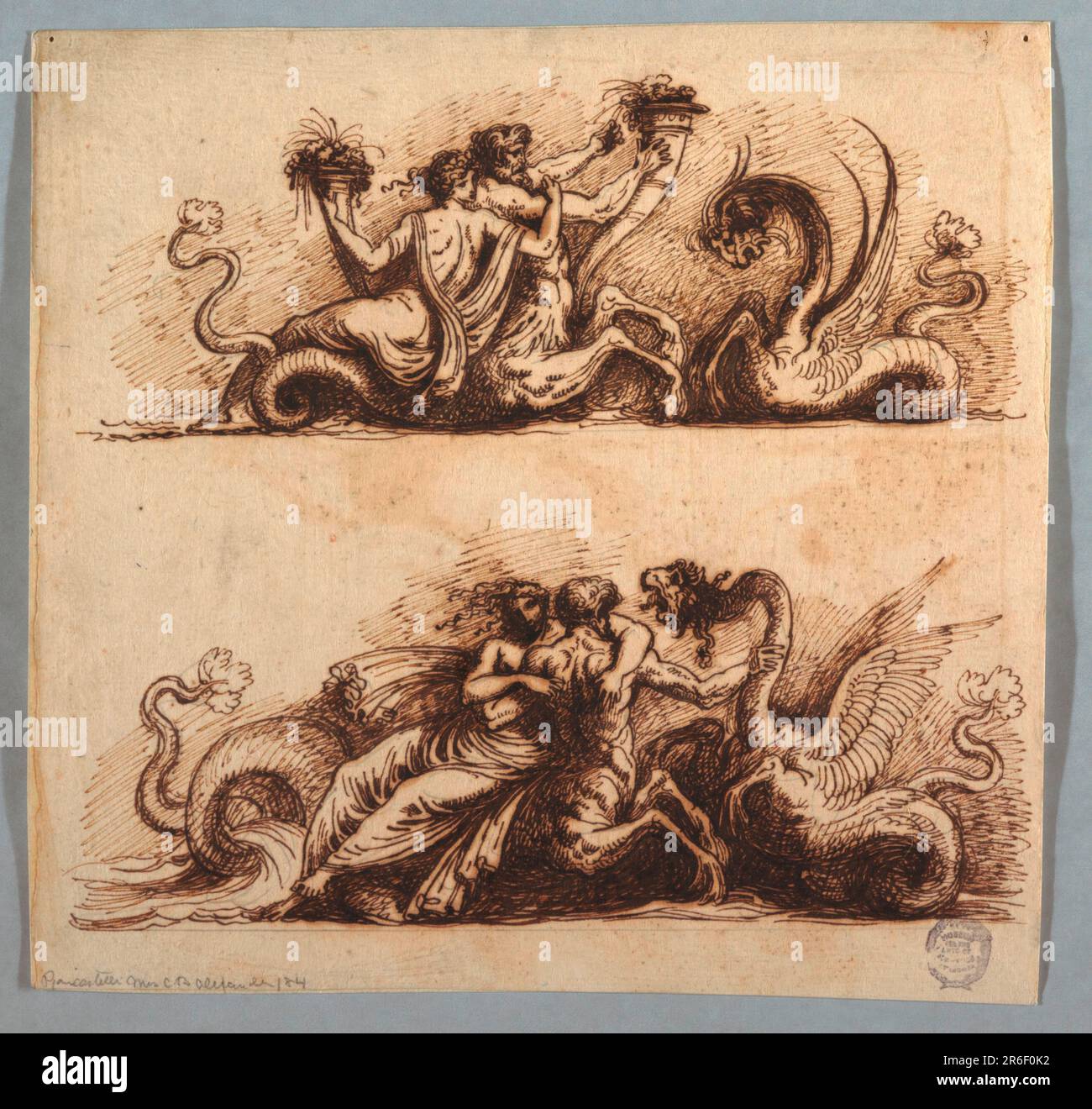 Der Zwilling Ichthyocentaurs Bythos und Aphros aus der griechischen Mythologie. Datum: Ca. 1800. Stift und braune Tinte, Bürste und Sepia waschen auf cremefarbenem Papier auf einem zweiten Untergrund. Museum: Cooper Hewitt, Smithsonian Design Museum. Stockfoto
