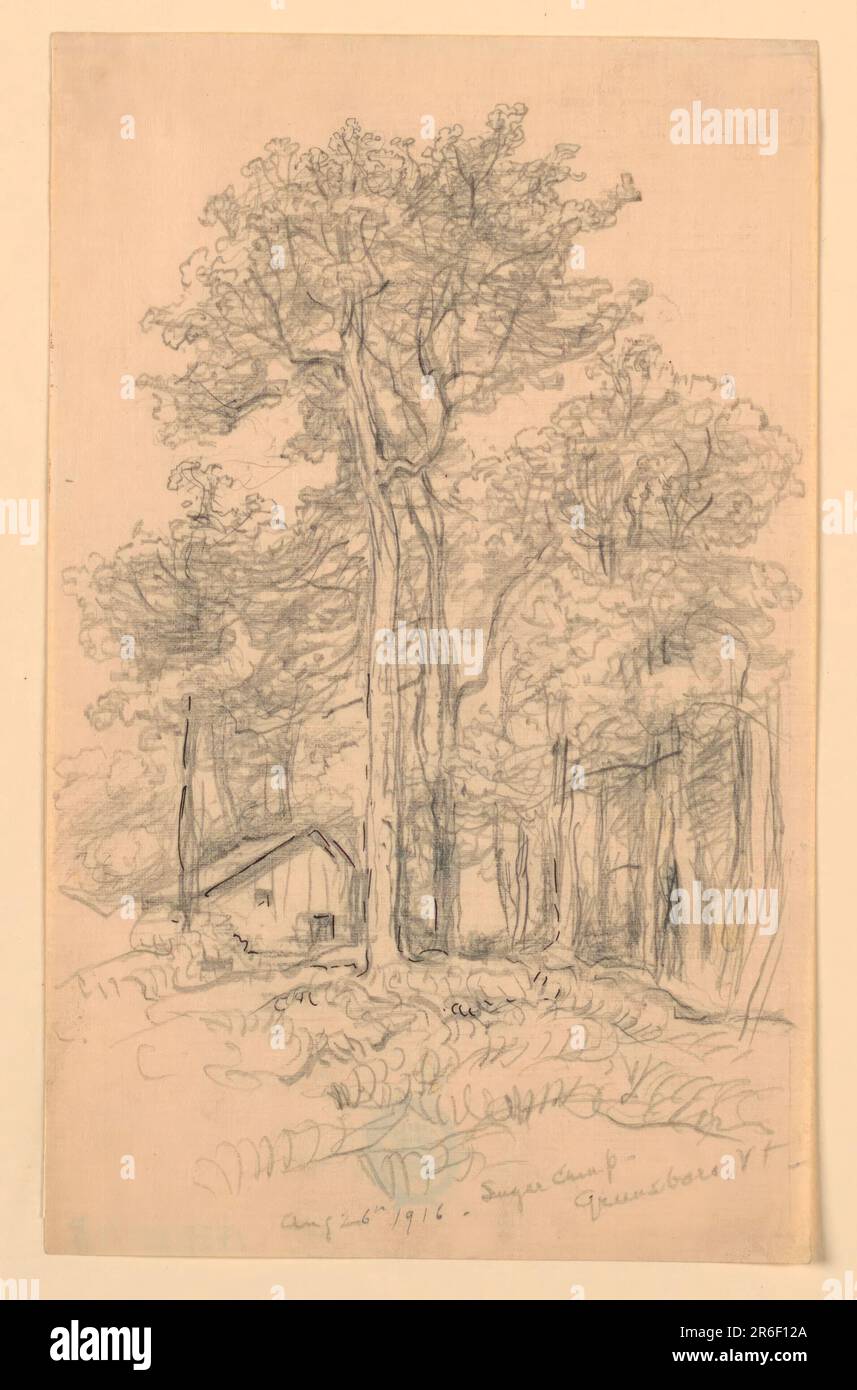 Ein Holzhaus ist von Tres umgeben. Das Datum und die Beschriftung sind unten in Graphit geschrieben. Datum: 26. August 1916. Graphit, Stift und Tinte auf Papier. Museum: Cooper Hewitt, Smithsonian Design Museum. Stockfoto