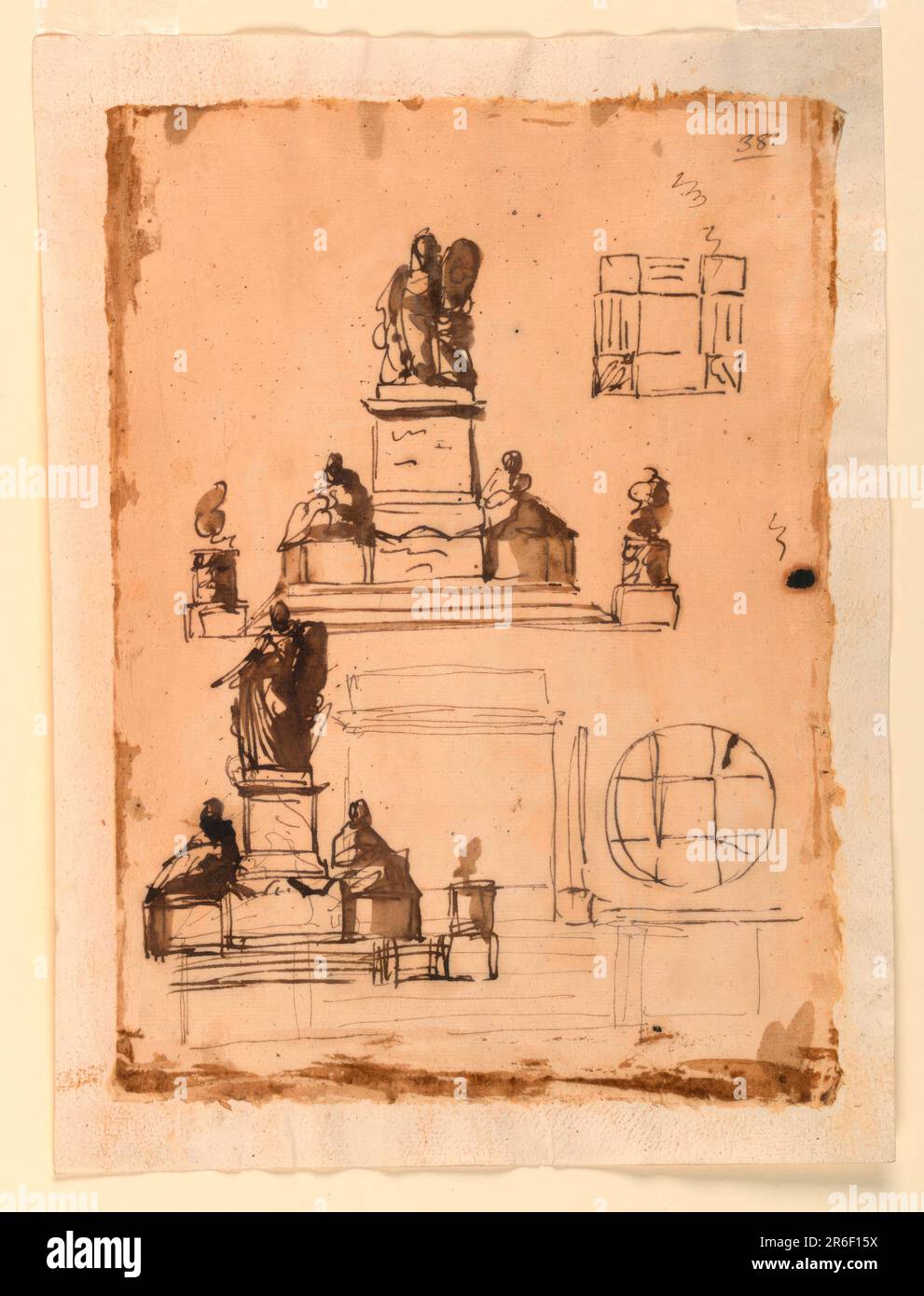 Oben: Der untere Teil und die Anordnung des Sockels auf den Stufen ähneln 1938-88-1315. Das Schema des oberen Teils ähnelt dem von 1938-88-1297, aber die seitlichen Figuren sitzen direkt auf dem unteren Teil des Sockels, in der Höhe der oberen Kante des Körpers des Sarkophages. Das Medaillon befindet sich rechts von der stehenden Figur, wahrscheinlich gestützt von einem knienden Engel, wie ein anderer möglicherweise links. Daneben ist ein Plan, in ein Quadrat gezeichnet. Die Stufen befinden sich zwischen den Quadraten an den Ecken und innen ist ein neues Quadrat. Unten links und mit den oberen Teilen über dem oberen p Stockfoto