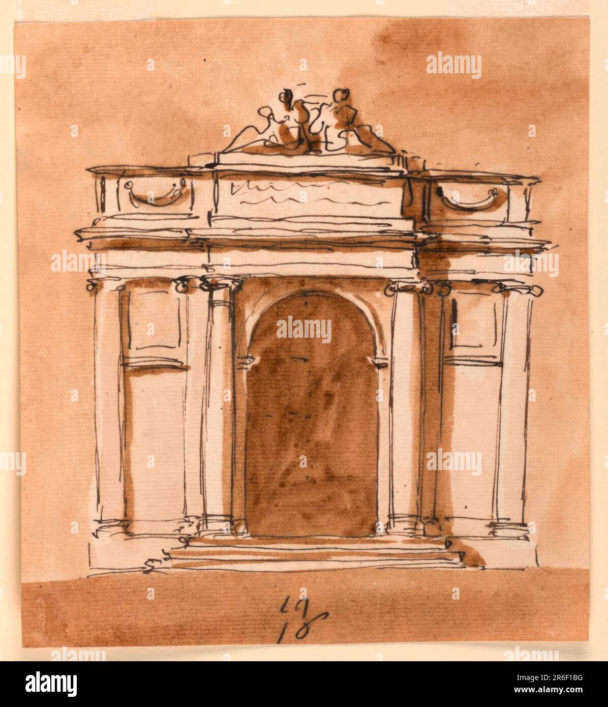 Bogenförmige Öffnung, flankiert von eingebetteten Säulen; Stufen führen dazu. Leicht zurückliegende Seitenwandpaneele. Dachboden über der Entablatur mit einer Inschrift zwischen den Soffittenlöchern. Teo hat Frauen oben sitzen lassen. Stift und braune Tinte, Bürste und braune Wäsche auf weißem, liegendem Papier. Datum: 1785-1790. Museum: Cooper Hewitt, Smithsonian Design Museum. Stockfoto