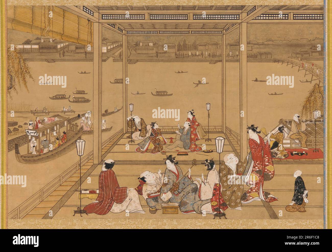 Heiterkeit in einem Teehaus am Flussufer. Datum: 18. Jahrhundert. Ursprung: Japan. Punkt: Edo Punkt. Tinte, Farbe und Gold auf Papier. Museum: Freer Gallery of Art und Arthur M. Sackler Gallery. Stockfoto