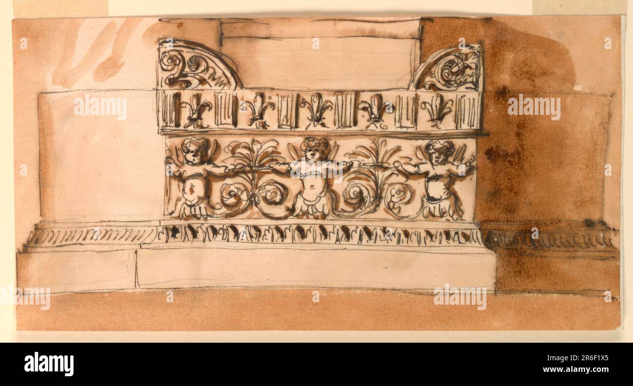 Der Pilaster wird von eingebetteten Säulen flankiert. Der Sockel ist wie die Vorderseite eines Antae-Sarkophages geformt. Der Körper zeigt Halbfiguren von Putti, abwechselnd mit Palmetten, dem Cover, Triglyphen und Lilien. Farbiger Hintergrund. Stift und braune Tinte, Pinsel und braune Wäsche, Graphit auf liniertem, cremeweißem, liegendem Papier. Datum: 1746-1809. Museum: Cooper Hewitt, Smithsonian Design Museum. Stockfoto