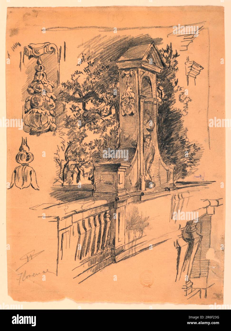 Der mittlere Teil eines Geländers ist schräg dargestellt. Eine Nische mit einer Statue erhebt sich über eine Doppelreihe Baluster. Bäume am Ufer bilden den Hintergrund. Zwei Details der Dekoration der seitlichen Seite der Nische sind links dargestellt; zwei Teile der Enablaturen oben rechts. Datum: Ca. 1872. Schwarzer Stift auf cremefarbenem Papier. Museum: Cooper Hewitt, Smithsonian Design Museum. Stockfoto