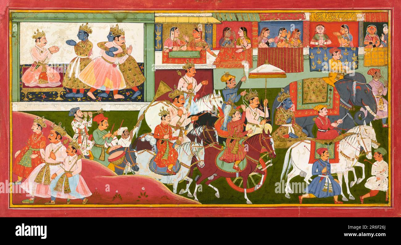 Krishna umarmt seinen Vater in der oberen linken Ecke und geht dann mit den Pandava-Brüdern auf eine Palanquin, angeführt von einem Elefanten und gefolgt von Musikern. Die Damen zollen der Prozession von den Balkonen über dem Kopf eine Hommage. Undurchsichtige Aquarelle und Gold auf Papier. Ursprung: Mewar, Staat Rajasthan, Indien. Datum: Ca. 1680-1690. Museum: Freer Gallery of Art und Arthur M. Sackler Gallery. Stockfoto