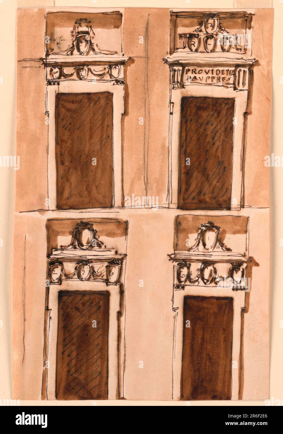 Aufgeteilt in zwei Reihen. Die obere linke und untere Reihe der Konstruktionen sind Varianten der Konstruktion -1658. Oben rechts. Ähnlich wie -1730; die Inschrift lautet: PROVIDET. / PAVPERES“. Die vier Seitenschilder werden in der Nische oben angezeigt. Farbiger Hintergrund. Datum: Ca. 1790. Stift und braune Tinte, Bürste und braune Wäsche auf weißem, liegendem Papier, gefüttert. Museum: Cooper Hewitt, Smithsonian Design Museum. Stockfoto