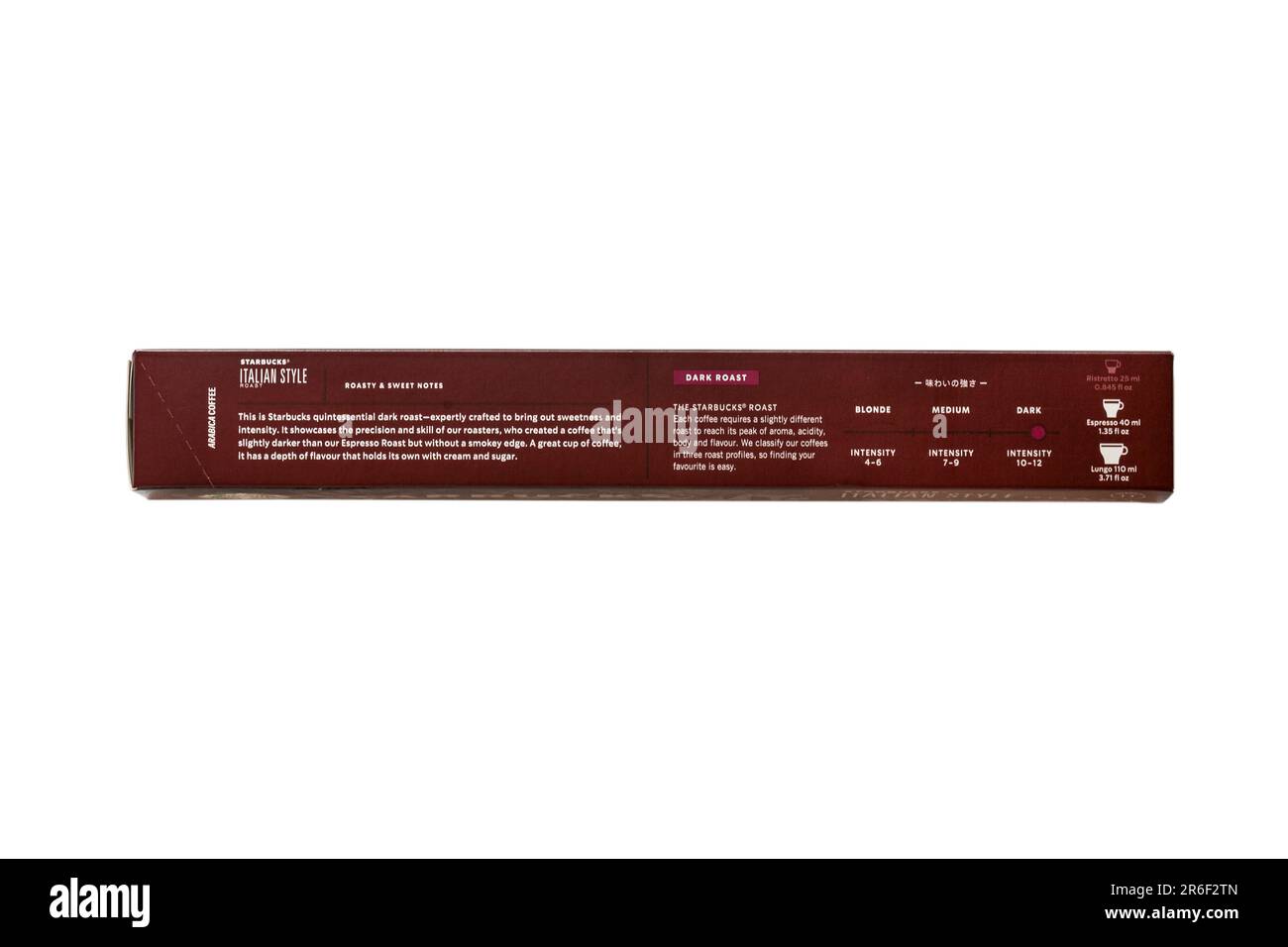 Beschreibung (siehe zusätzliche Informationen) auf der Rückseite der Schachtel Starbucks Italian Style Roast Coffee Kapseln von Nespresso isoliert auf weißem Hintergrund Stockfoto