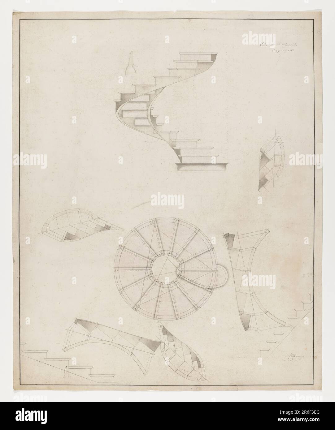 Plan und Höhe von Wendeltreppen. Details zum unteren Teil der Konstruktion. Graphit, Stift und schwarze Tinte, Pinsel und graues Aquarell auf cremefarbenem Papier. Datum: 2. Januar 1883. Museum: Cooper Hewitt, Smithsonian Design Museum. Stockfoto