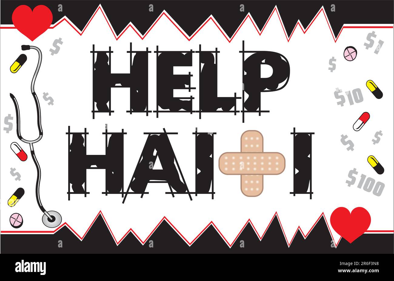 Vektorabbildung, um Haiti mit Verband, Spendenaktion und medizinischem Bedarf zu helfen. Kann eine Spendenkarte sein. Das Erdbeben traf Port-Au-Prince am 12. Januar... Stock Vektor