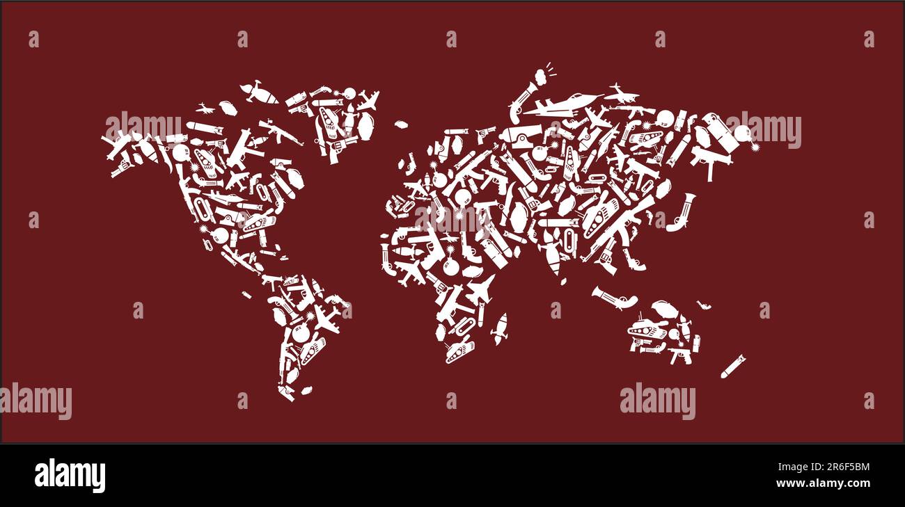 Die Welt handelt mit Waffen, weiß auf rotem Hintergrund Stock Vektor