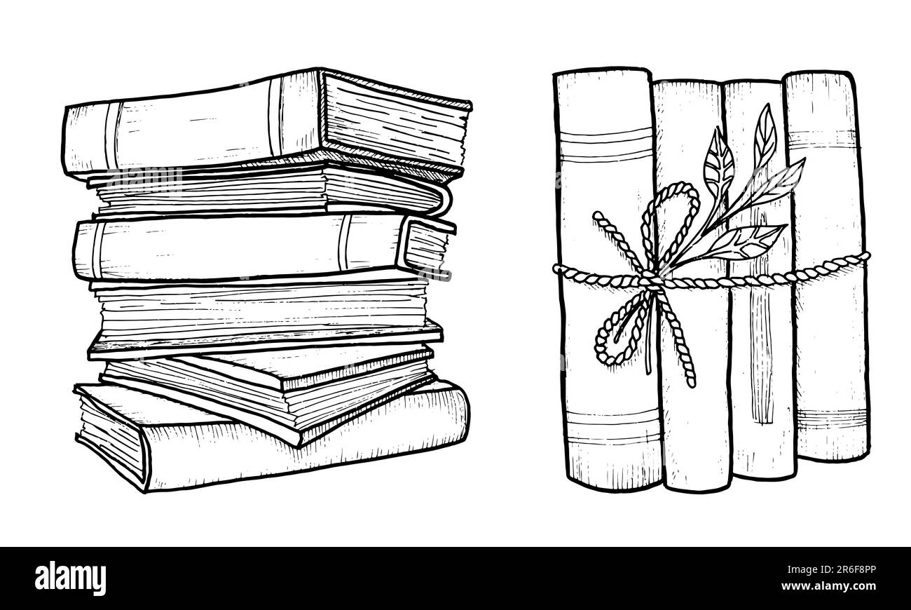 Stapel von Büchern skizzieren. Zeichnungen gravieren einen Haufen altes Wörterbuch und Studienbuch Vektor-Doodle-Bildung stapelweise Bibliotheksliteratur Illu Stockfoto