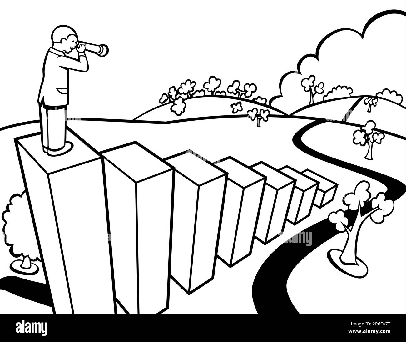 Cartoon eines Geschäftsmannes, der ein Teleskop von der Spitze eines Balkendiagramms benutzt. Stock Vektor