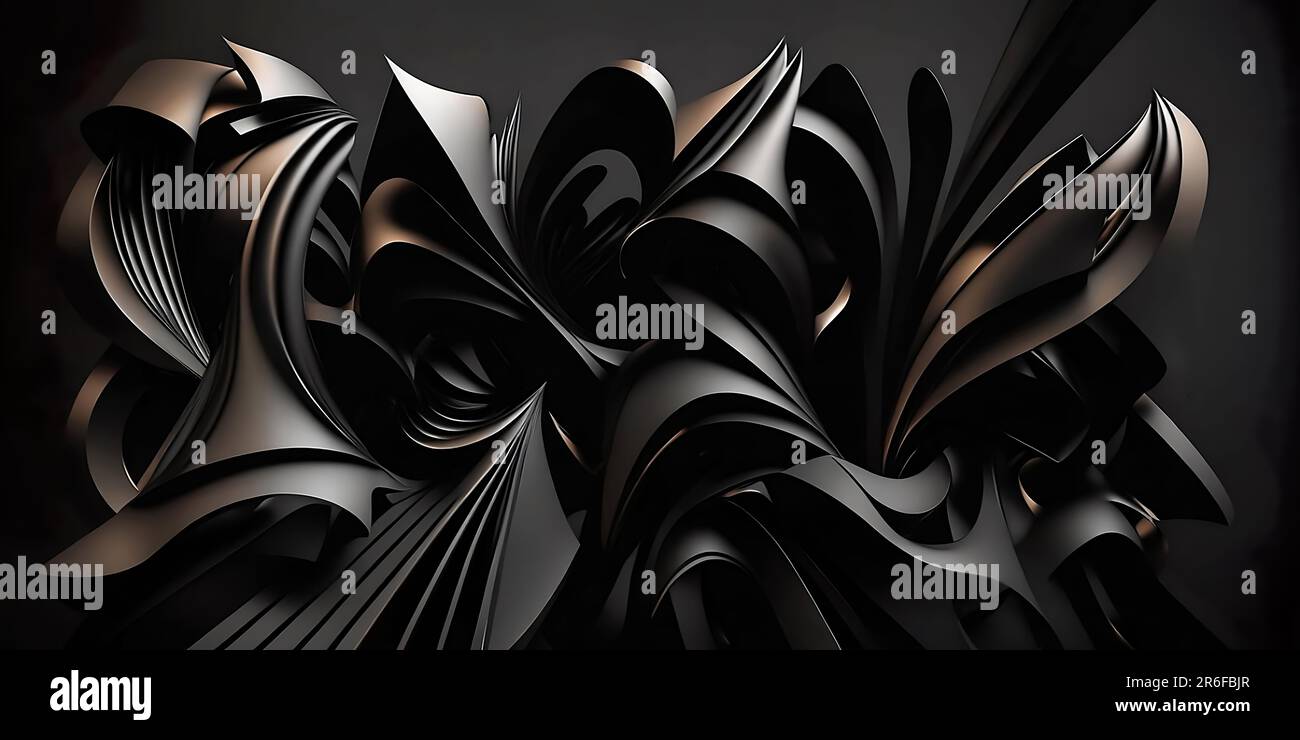 Elegantes schwarzes 3D-design für futuristischen Hintergrund. Abstrakte Metallic-Formen auf dunklem Hintergrund Stockfoto