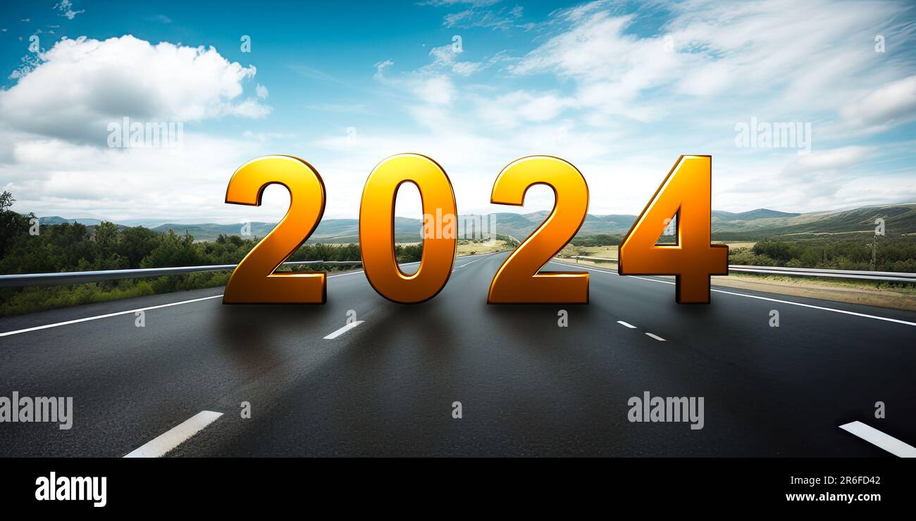 Neujahr 2024. Leere Asphaltstraße und Neujahrskonzept 2024. Ausblick für 2024. Fortschritte in der beruflichen Laufbahn und im Geschäftsleben. Fahren auf einer leeren Autobahn Stockfoto