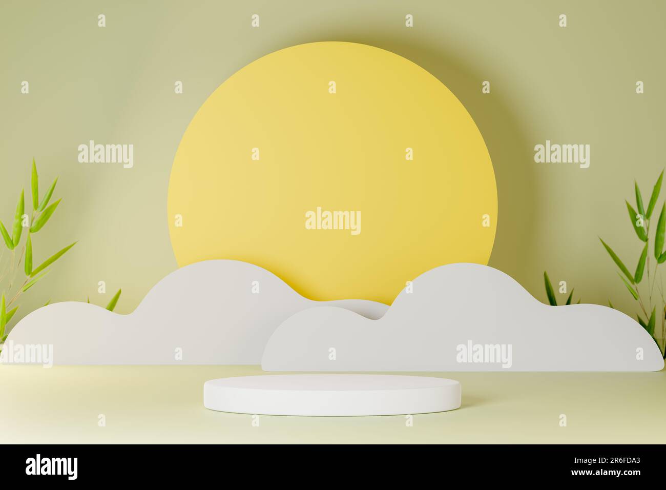 Grünes Kosmetik-Kosmetik-Podium mit Baum. Weiße Bühne auf klumpigem und sonnigem Hintergrund. Minimaler Mockup-Hintergrund für Produkt- und Kosmetikpräsentatio Stockfoto