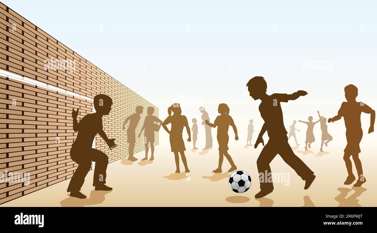 Kinder spielen Fußball auf einem Spielplatz bearbeitbares Vektor-illustration Stock Vektor