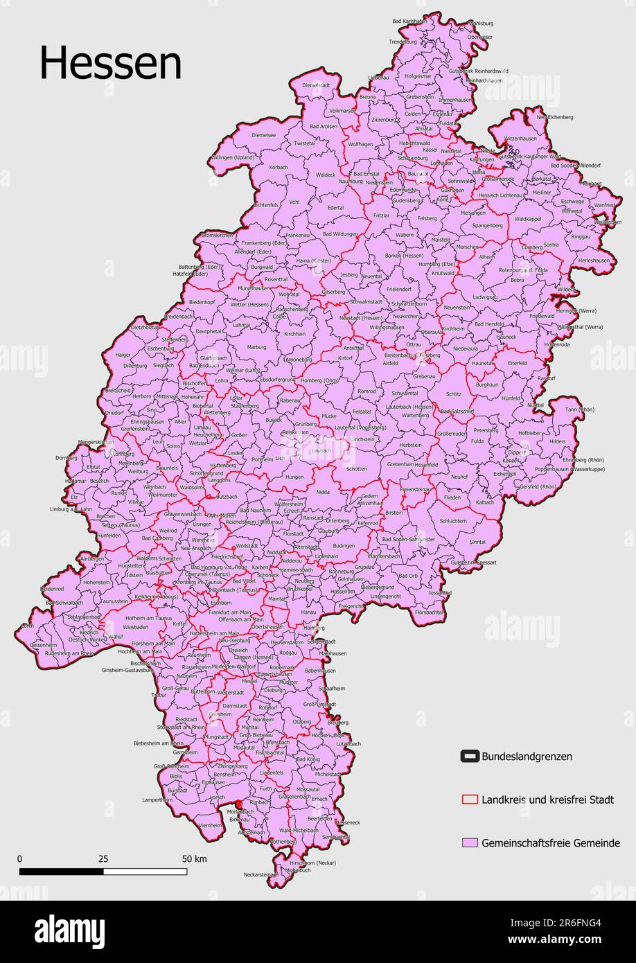 Map Verwaltungseinheit Bundesstaat Hessen Einheitsgemeinde, Verwaltungsgemeinde, Verwaltungsverband Stockfoto