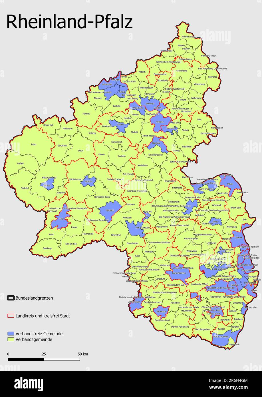 Karte Verwaltungseinheit Bundesstaat Rheinland - Pfalz Einheitsgemeinde, Verwaltungsgemeinde, Verwaltungsverband Stockfoto