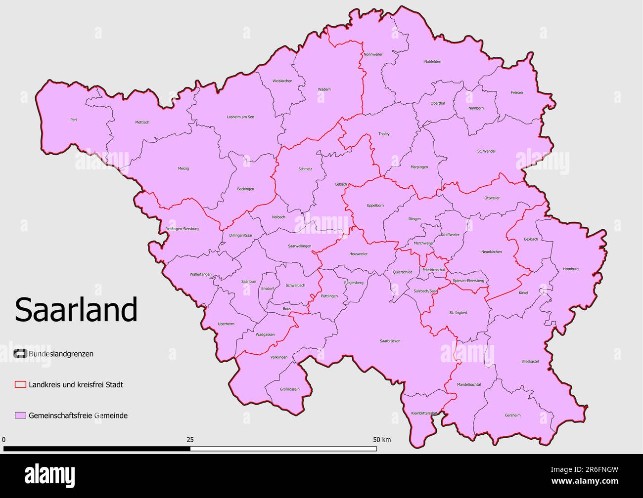 Karte Verwaltungseinheit Staat der einheitlichen Gemeinde Saarland, Verwaltungsgemeinschaft, Verwaltungsverband Stockfoto