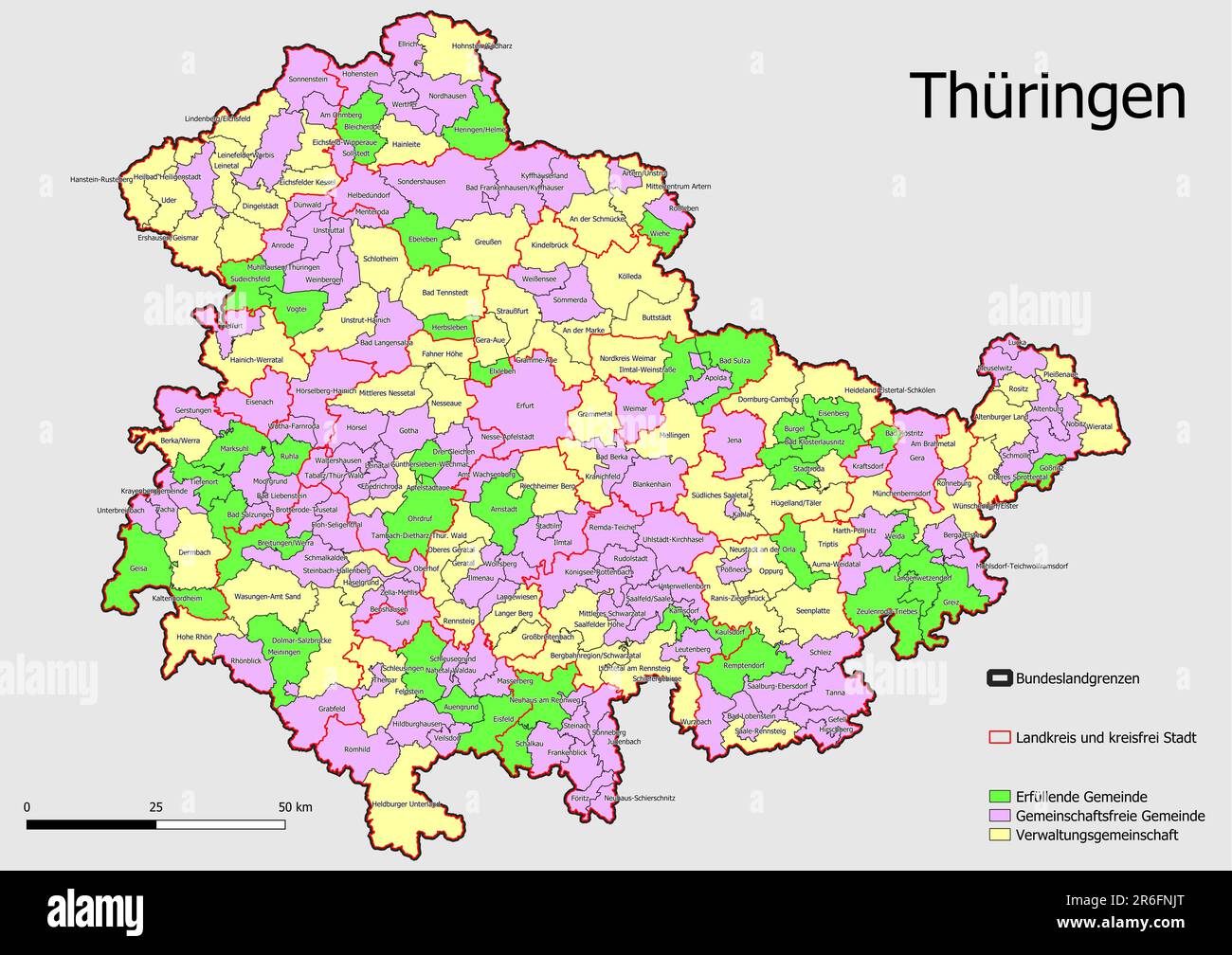 Map Verwaltungseinheit Bundesstaat Thüringen Einheitsgemeinde, Verwaltungsgemeinde, Verwaltungsverband Stockfoto