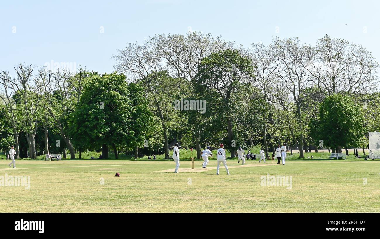 Cricket Batting Bowler Action Cricket Spiel im Londoner Park Spiel Schlagmann Bowler Actionfoto Stockfoto